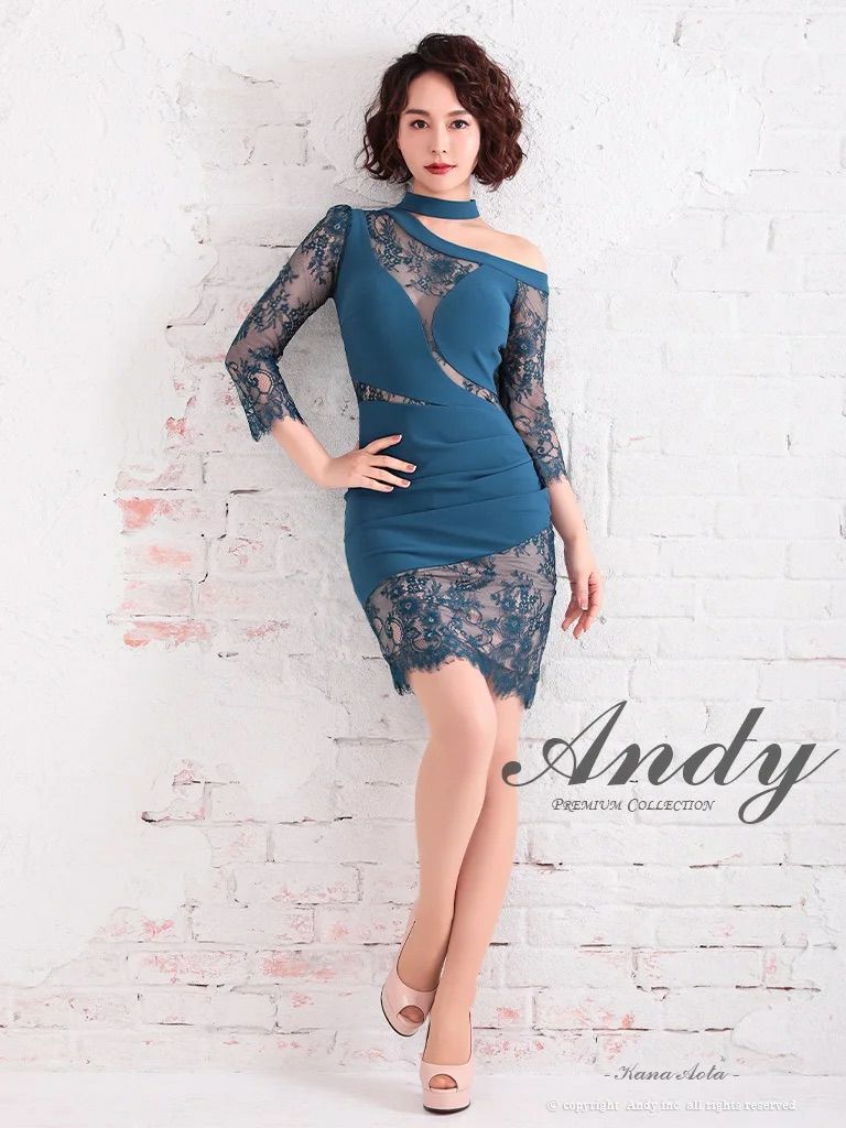 キャバドレス Andy アンディ　高級袖ありワンショルダーくびれ花柄レースタイトミニドレス
