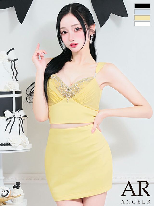 キャバドレス ミニドレス Angel-R エンジェルアール 　高級ノースリーブセットアップシフォンショルダービジューデザインタイトミニドレス