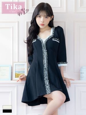 [韓国ドレス] ツイード 異素材 モノトーン 袖あり 七分袖 フレアミニドレス (Sサイズ～Lサイズ) (緩苺/キャバドレス着用) [TikaPimil]