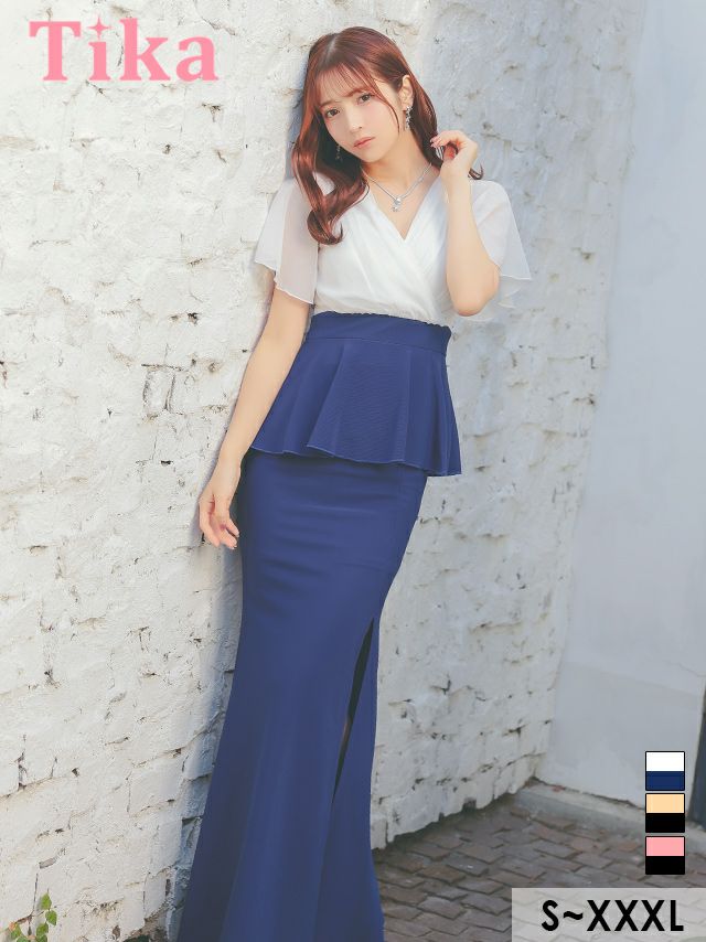 キャバドレス ロング丈 大きいサイズ タイト ロングドレス 袖あり ペプラム 体型カバー