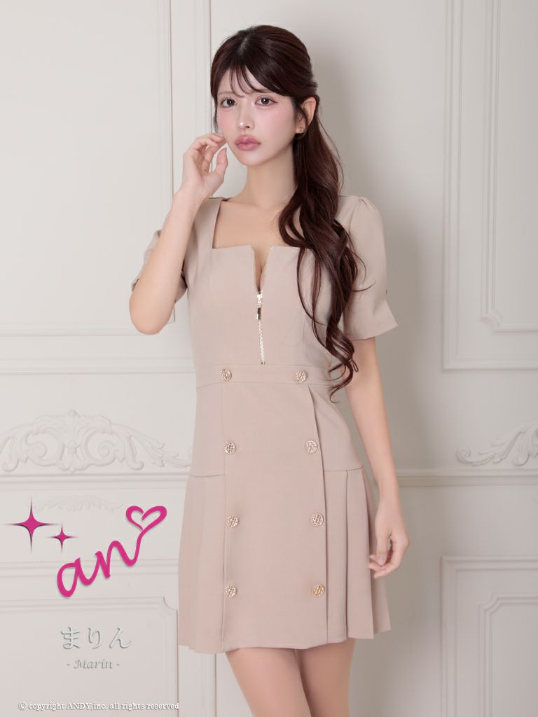 キャバドレス an アン　高級半袖ジップスクエアネックボタンプリーツフレアミニドレス