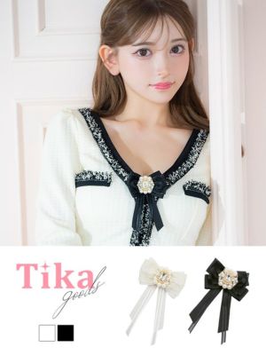 パールビジュー付きリボンブローチ