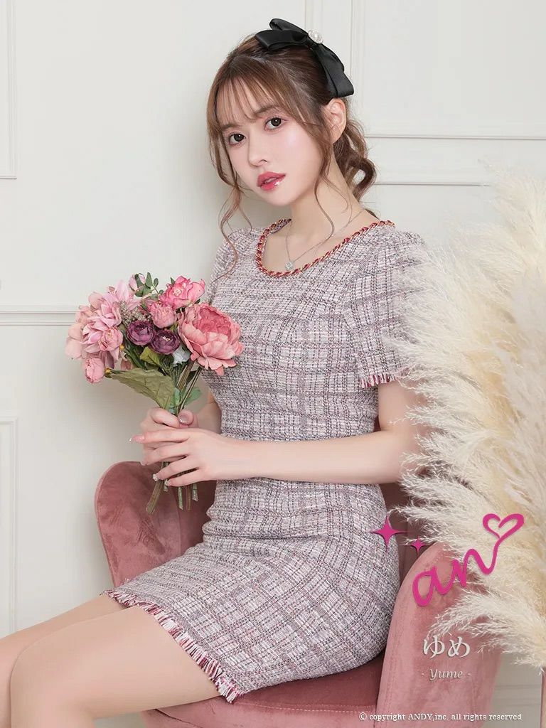 キャバドレス an アン　高級半袖チェック柄ツイードチェーンタイトミニドレス