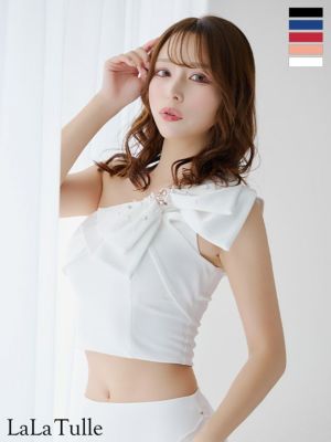 [Angel-R/エンジェルアール] 高級ワンショルダーセットアップビックリボンパールチェーンタイトミニドレス (伊藤舞雪/キャバドレス着用)