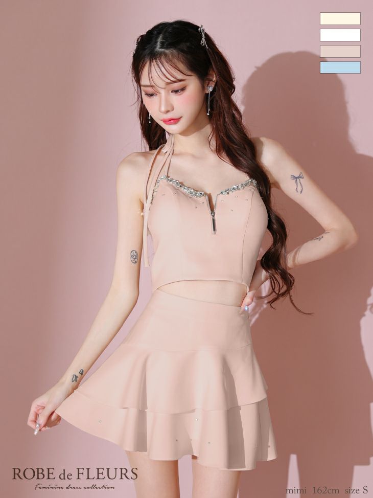 キャバドレス ミニドレス ROBEdeFLEURS ローブドフルール　高級ホルターネックアシンメトリーリボンジップセットアップビジューフリルフレアミニドレス