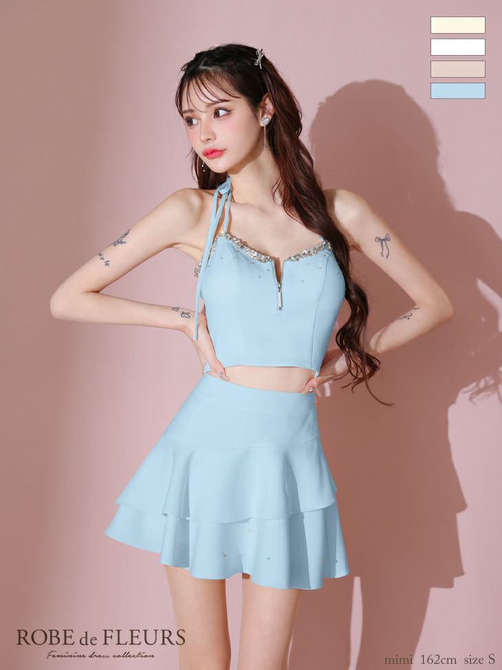 キャバドレス ミニドレス ROBEdeFLEURS ローブドフルール　高級ホルターネックアシンメトリーリボンジップセットアップビジューフリルフレアミニドレス