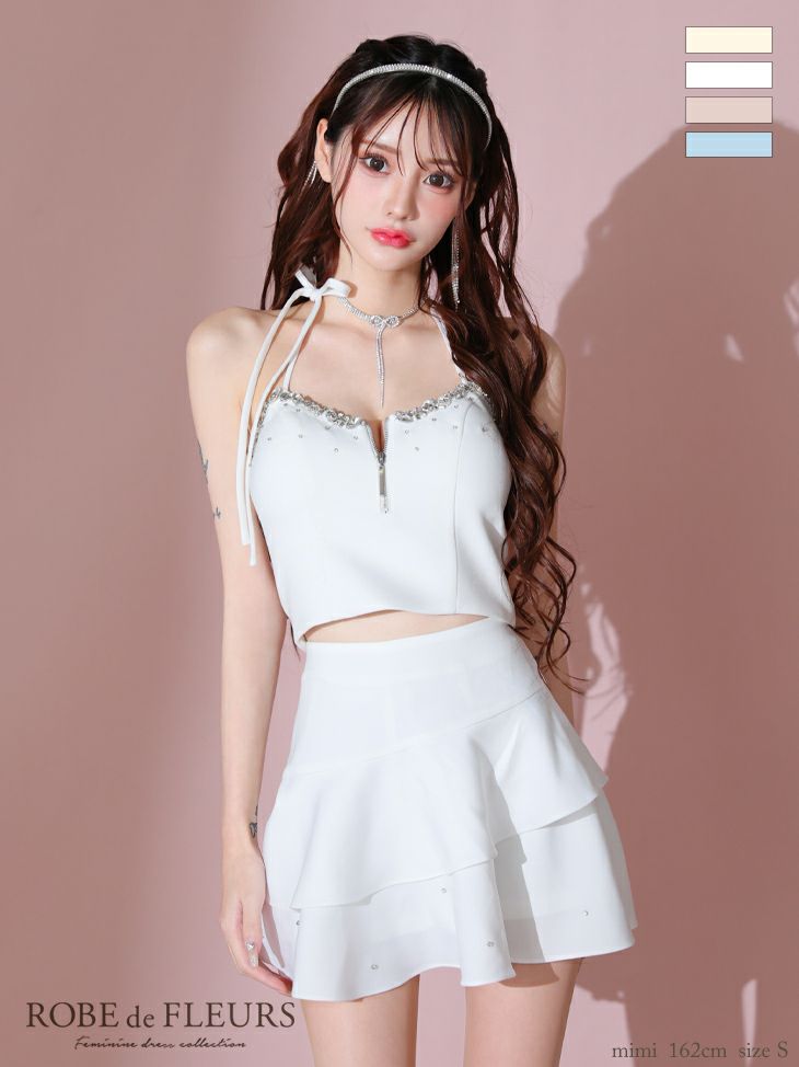 キャバドレス ミニドレス ROBEdeFLEURS ローブドフルール　高級ホルターネックアシンメトリーリボンジップセットアップビジューフリルフレアミニドレス