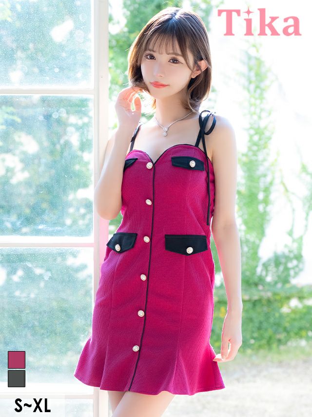 キャバドレス myMinette マイミネット ワンカラー 肩あき オフショルダー リボン ワッフル フレア ミニドレス