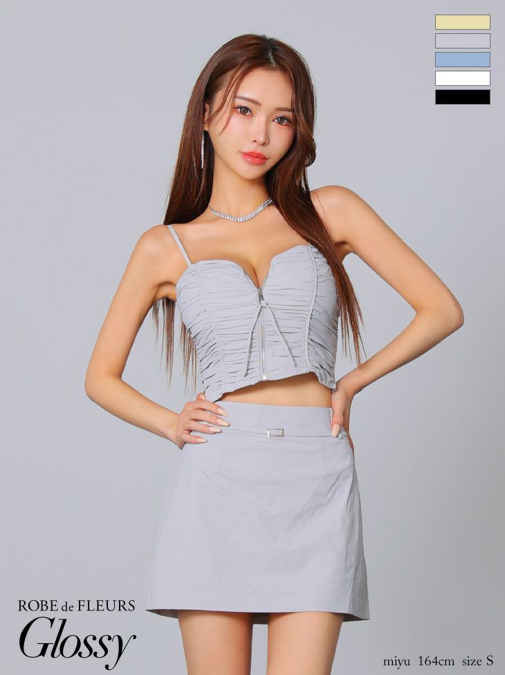 キャバドレス ミニドレス ROBEdeFLEURSGlossy ローブドフルールグロッシー高級シャーリングキャミソールセットアップジップウエストベルトタイトミニドレス
