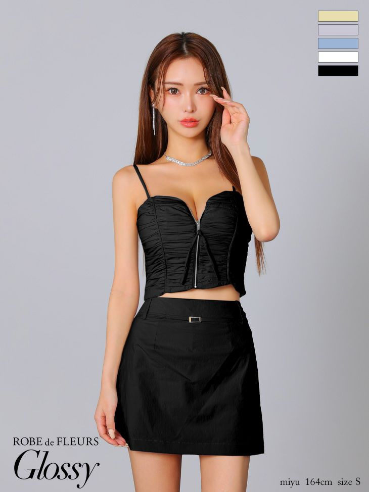 キャバドレス ミニドレス ROBEdeFLEURSGlossy ローブドフルールグロッシー　高級シャーリングキャミソールセットアップジップウエストベルトタイトミニドレス