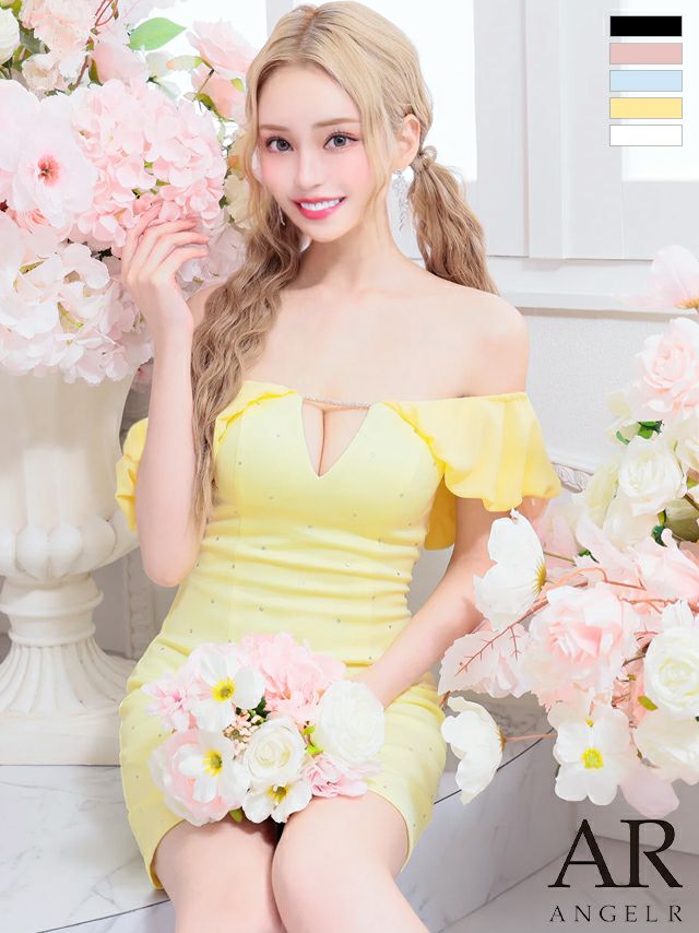 キャバドレス ミニドレス Angel-R エンジェルアール 　高級オフショルダーフリルドット柄ビジューストーンバストカットタイトミニドレス