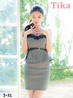 千鳥格子柄ベアレースペプラムウエストベルト付...