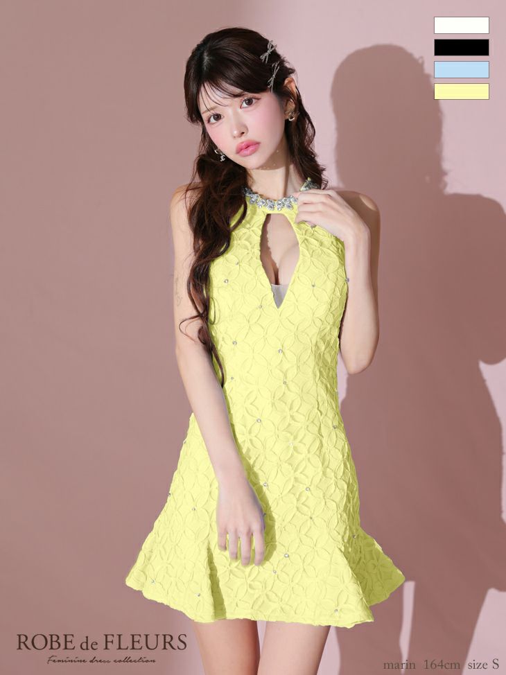 キャバドレス ミニドレス ROBEdeFLEURS ローブドフルール　高級ホルターネックバストカットビジューネック裾フリルタイトミニドレス