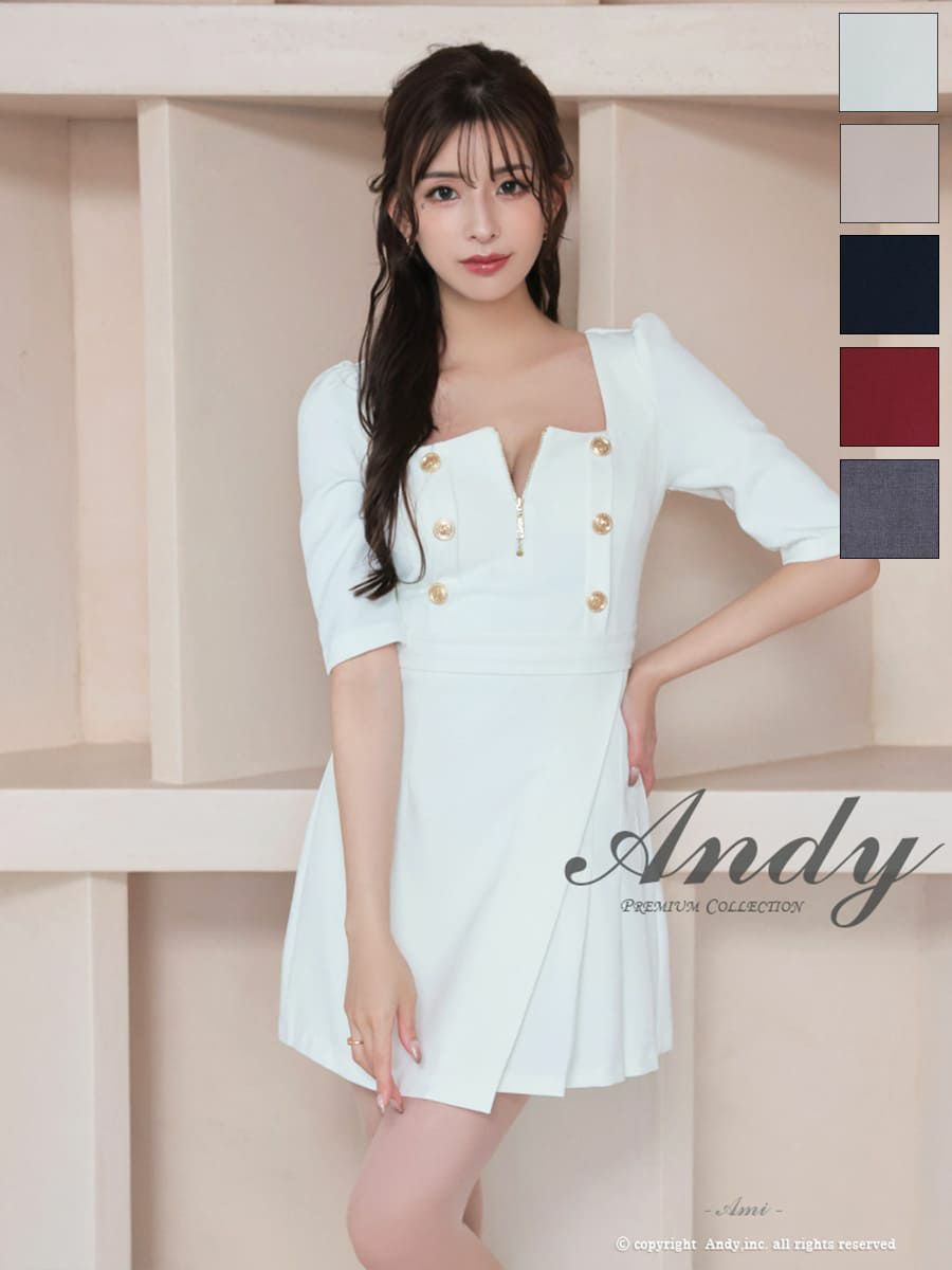 キャバドレス Andy アンディ 高級 ジップアップ金ボタン七部丈リボンプリーツタイトミニドレス