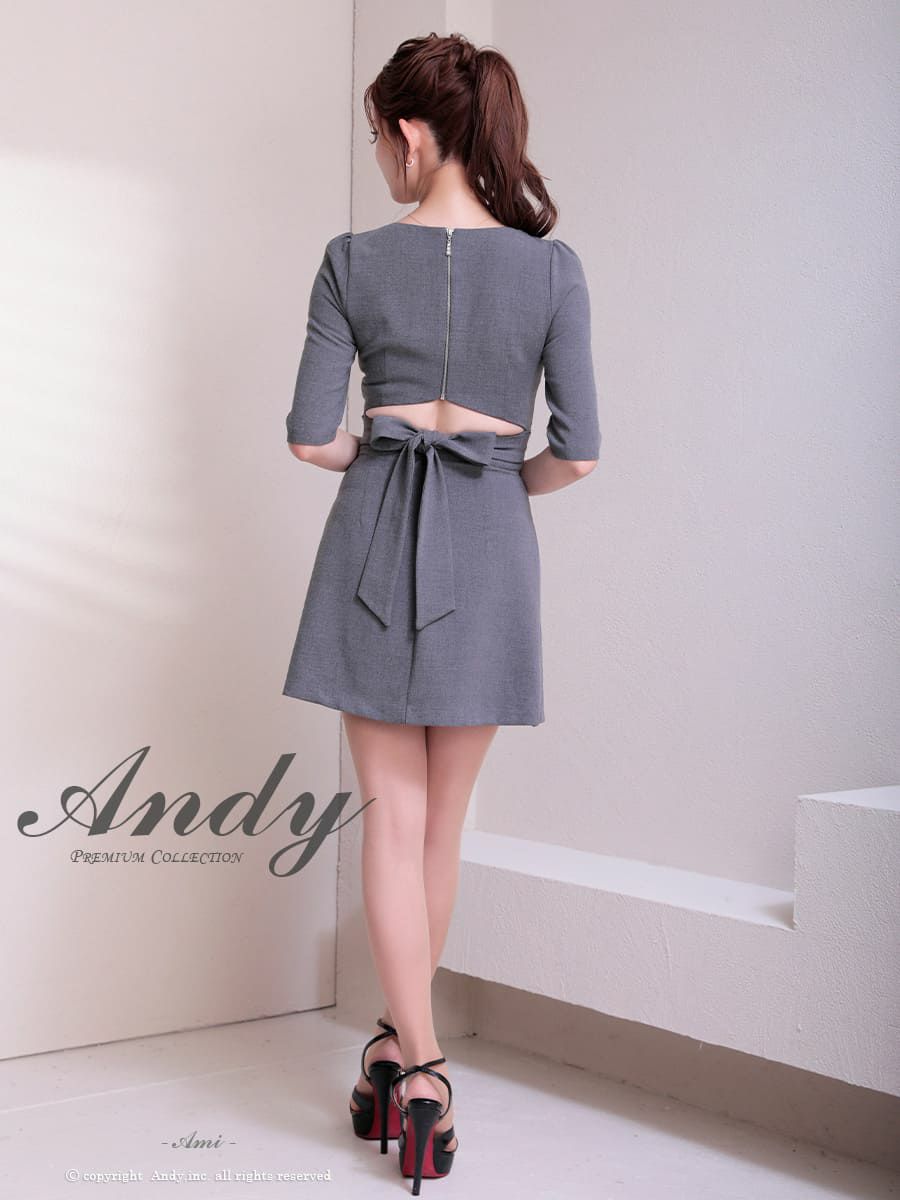 キャバドレス Andy アンディ 高級 ジップアップ金ボタン七部丈リボンプリーツタイトミニドレス