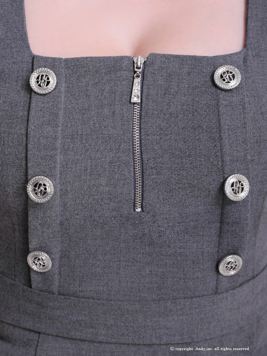 キャバドレス Andy アンディ 高級 ジップアップ金ボタン七部丈リボンプリーツタイトミニドレス