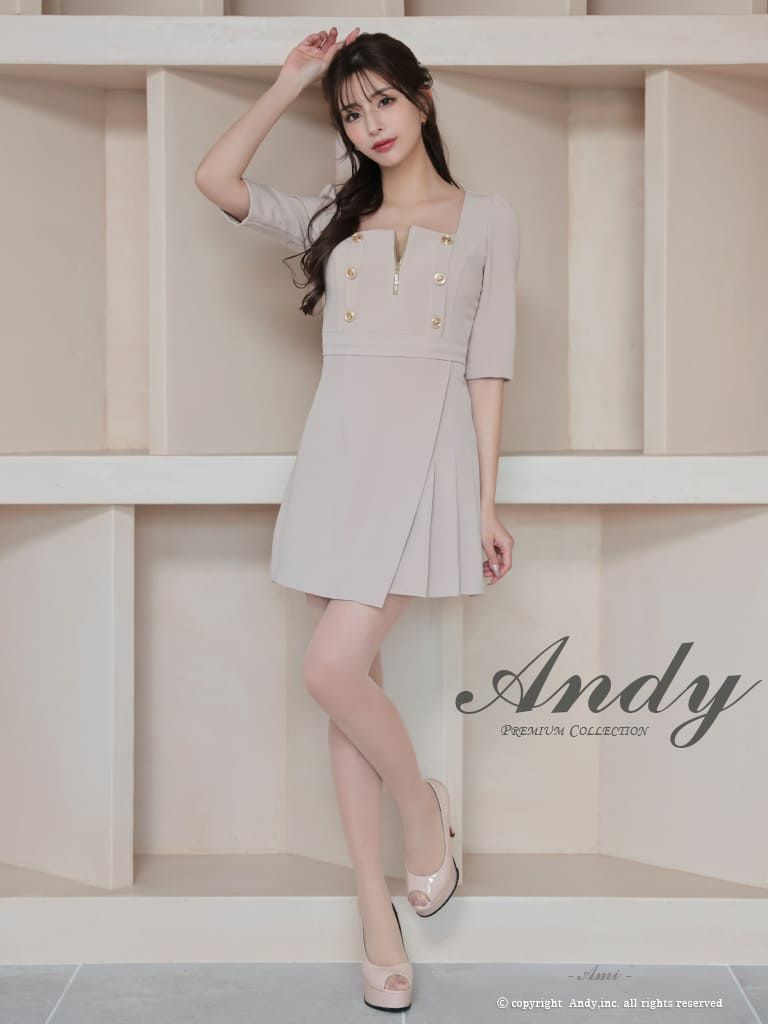 キャバドレス Andy アンディ 高級 ジップアップ金ボタン七部丈リボンプリーツタイトミニドレス