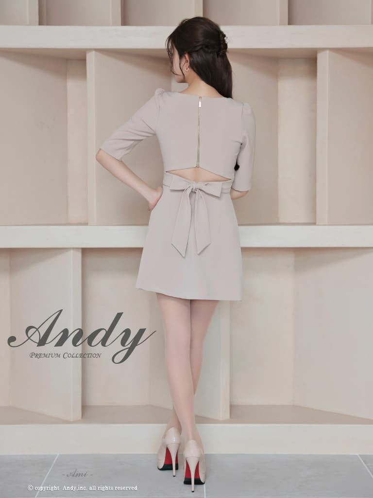 キャバドレス Andy アンディ 高級 ジップアップ金ボタン七部丈リボンプリーツタイトミニドレス