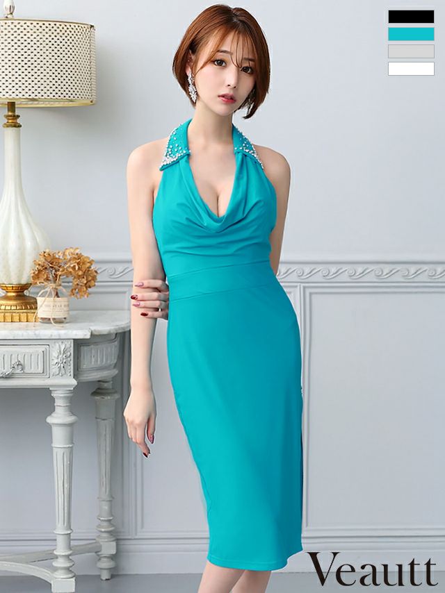 キャバドレス 膝丈ドレス Veautt/ヴュート 高級ホルターネックサイドジップビジューシンプルタイト膝丈ドレス