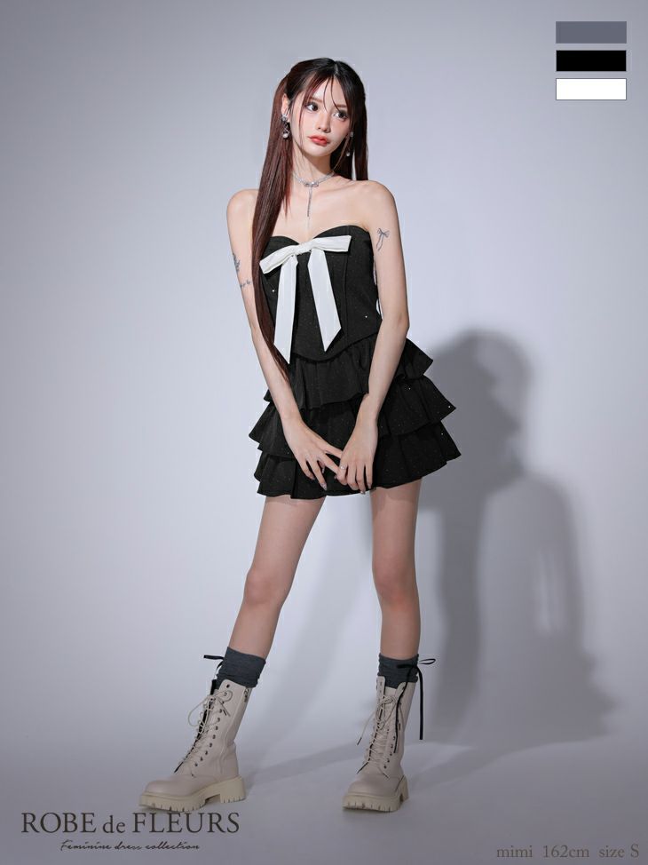 キャバドレス ミニドレス ROBEdeFLEURS ローブドフルール　高級ベアトップセットアップフリルドット柄スタッズリボンフレアミニドレス