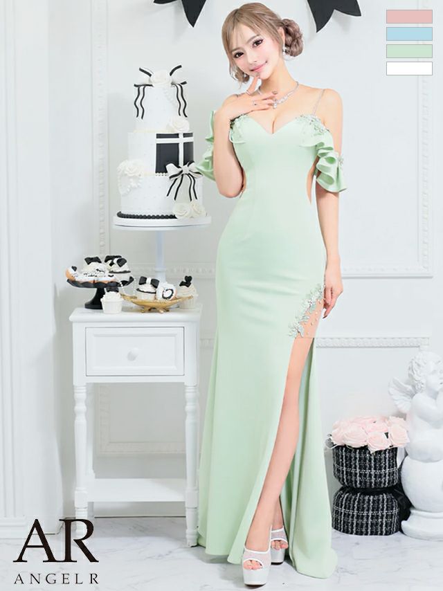 キャバドレス ロングドレス Angel-R エンジェルアール 　高級肩あきフリルスリットくびれフラワービジュータイトロングドレス