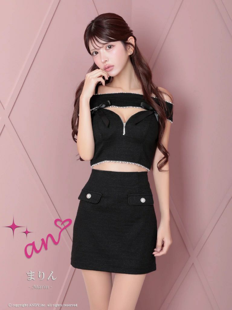 キャバドレス an アン オフショルダーツイードリボンパールボタンジップデザインタイトミニドレス