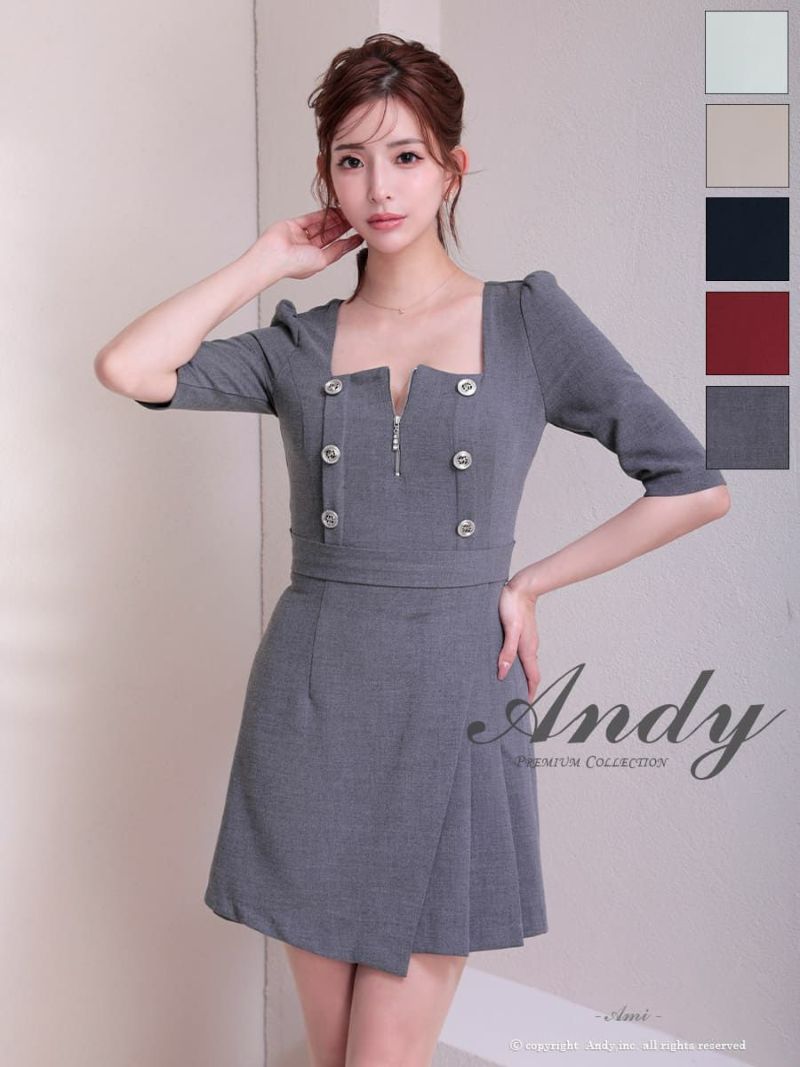 高級 ジップアップ金ボタン七部丈 リボンプリーツタイトミニドレス