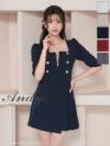 高級 ジップアップ金ボタン七部丈 リボンプリーツタイトミニドレス