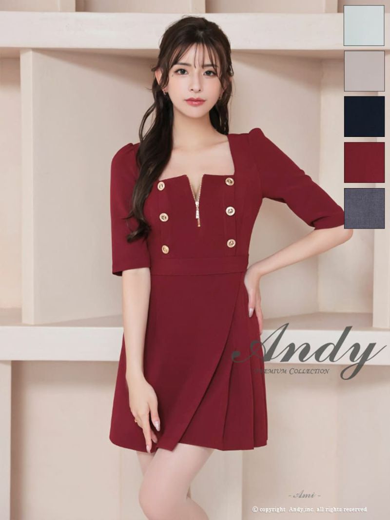 高級 ジップアップ金ボタン七部丈 リボンプリーツタイトミニドレス