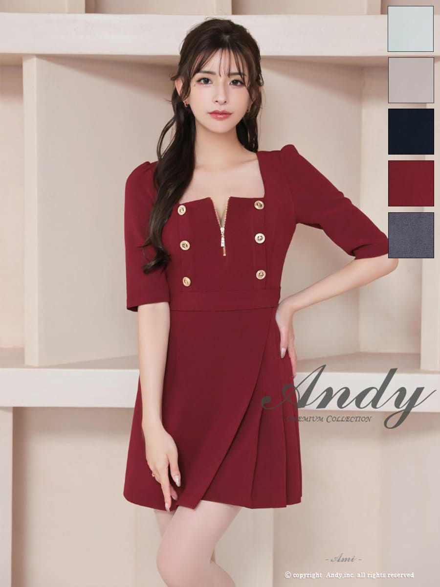 高級 ジップアップ金ボタン七部丈 リボンプリーツタイトミニドレス