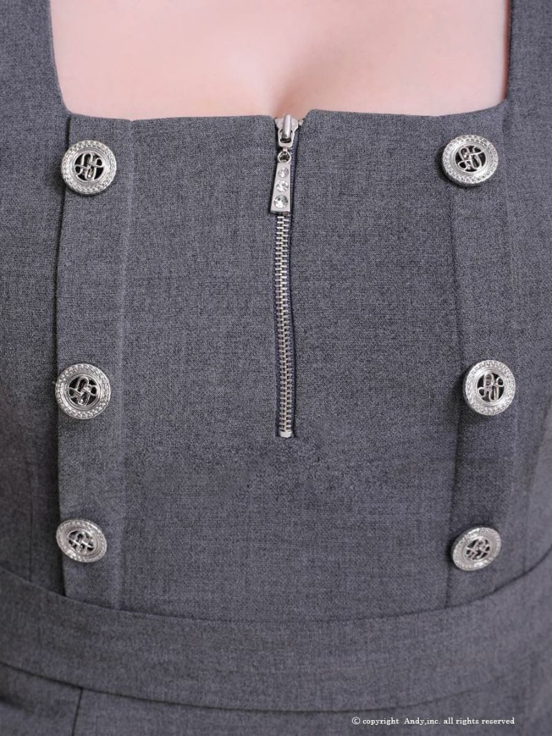 高級 ジップアップ金ボタン七部丈 リボンプリーツタイトミニドレス