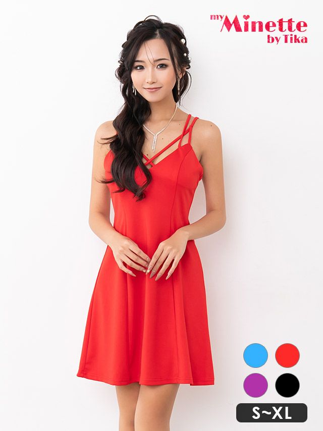 キャバドレス myMinette マイミネット キャミソール ワンカラー クロスバスト フレア ミニドレス