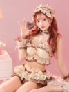 DecoLingerie  デコランジェリー 高級ドット柄ガラスビジューフリルリボンスウィートランジェリー6点セット［ブラジャー/Tバックショーツ/チョーカー/ウエストフリル/ヘッドドレス/カフス]