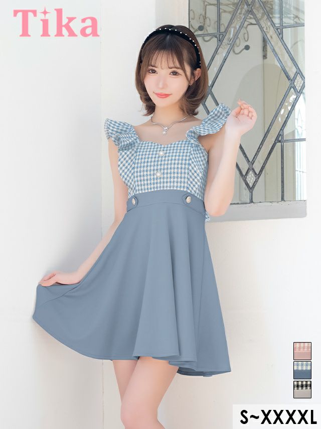 キャバドレス myMinette マイミネット ワンカラー 肩あき オフショルダー リボン ワッフル フレア ミニドレス