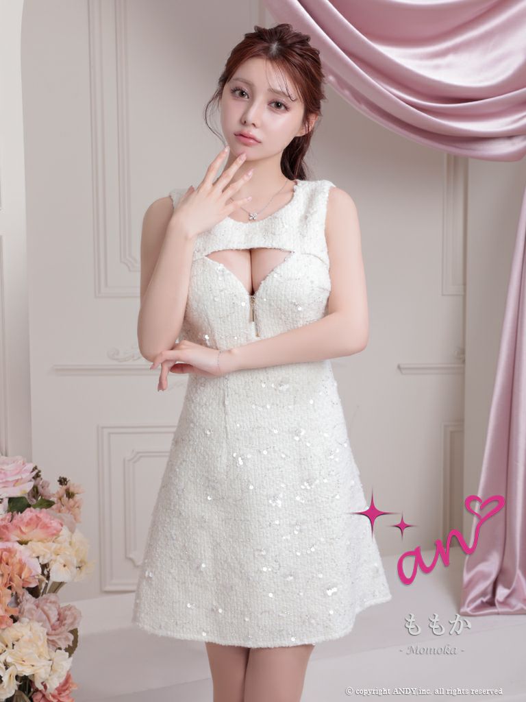 キャバドレス an アン　高級スパンコールツイードノースリーブジップバストカットフレアミニドレス