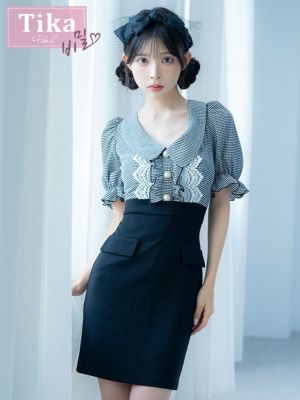 [韓国ドレス] 襟付き パールボタン 半袖 ...