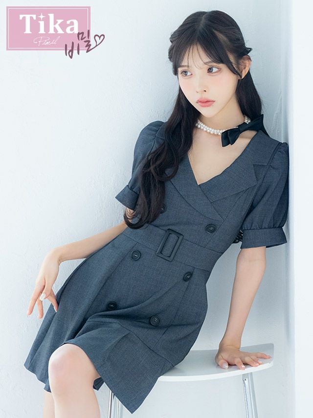 キャバドレス TikaPimil 襟デザイン ウエストベルト 半袖 パフスリーブ ワンピース フレア ミニドレス