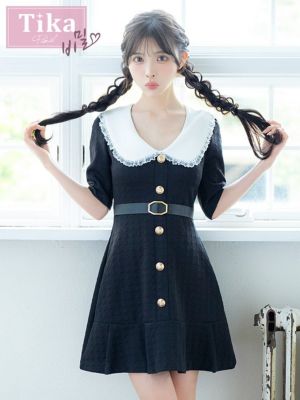 [韓国ドレス] 襟付き ウエストベルト付き ...