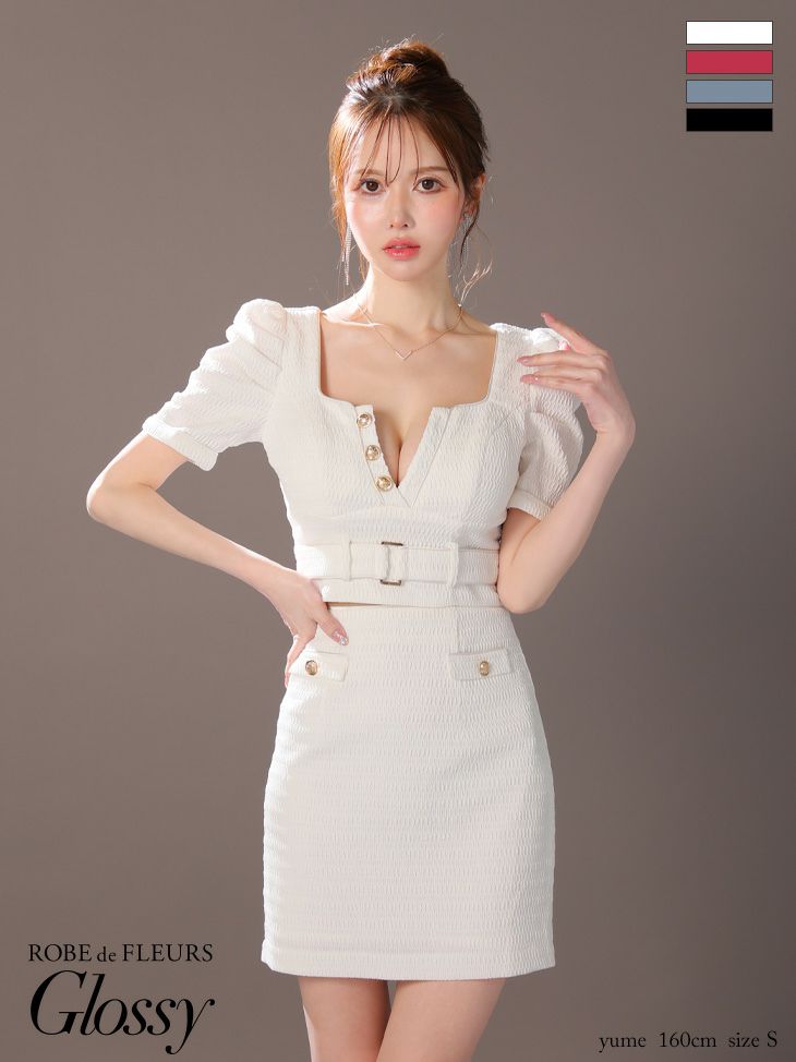 キャバドレス ミニドレス ROBEdeFLEURSGlossy ローブドフルールグロッシー 高級半袖セットアップウエストベルトボタンスクエアネックタイトミニドレス