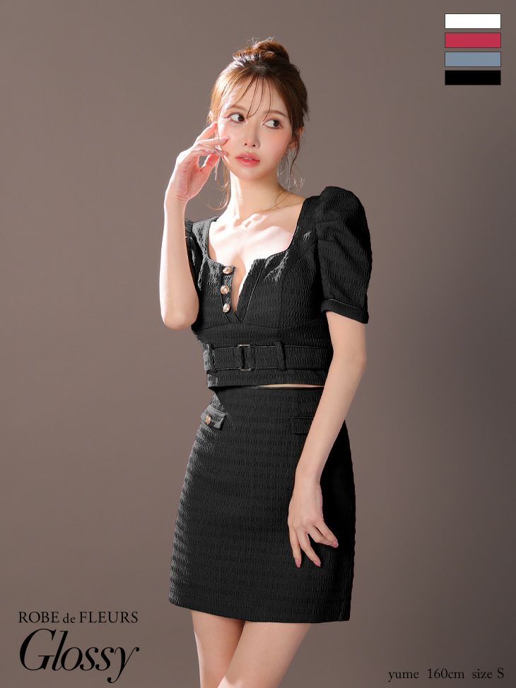キャバドレス ミニドレス ROBEdeFLEURSGlossy ローブドフルールグロッシー高級半袖セットアップウエストベルトボタンスクエアネックタイトミニドレス