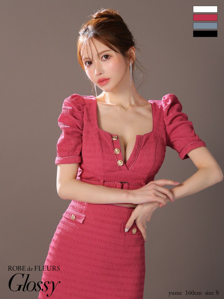 キャバドレス ミニドレス ROBEdeFLEURSGlossy ローブドフルールグロッシー高級半袖セットアップウエストベルトボタンスクエアネックタイトミニドレス