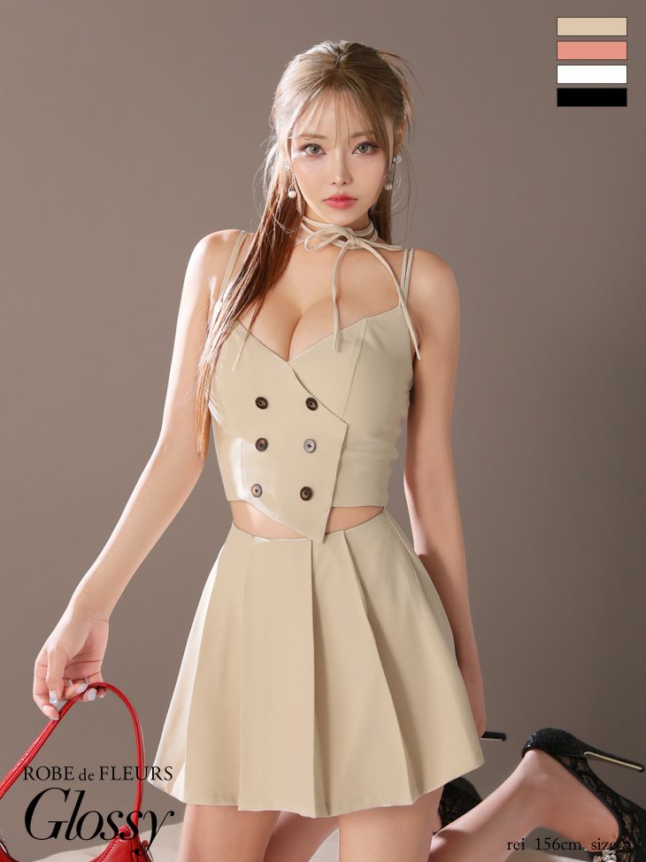 キャバドレス ミニドレス ROBEdeFLEURSGlossy ローブドフルールグロッシー高級キャミソールセットアップチョーカー付きボタンラメツイルフレアミニドレス