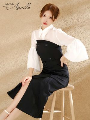 [Anella/アネラ] セットアップ 袖あり ベルスリーブ 八部袖 ブラウス ウエストベルト付き トレンチ風 ビスチェ タイト 膝丈ドレス (Sサイズ～Lサイズ) (ゆんころ/韓国ドレス着用)
