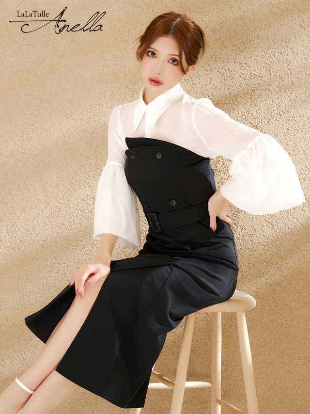 キャバドレス 韓国 膝丈 大きいサイズ 袖あり ブラウス ワンピース セットアップ