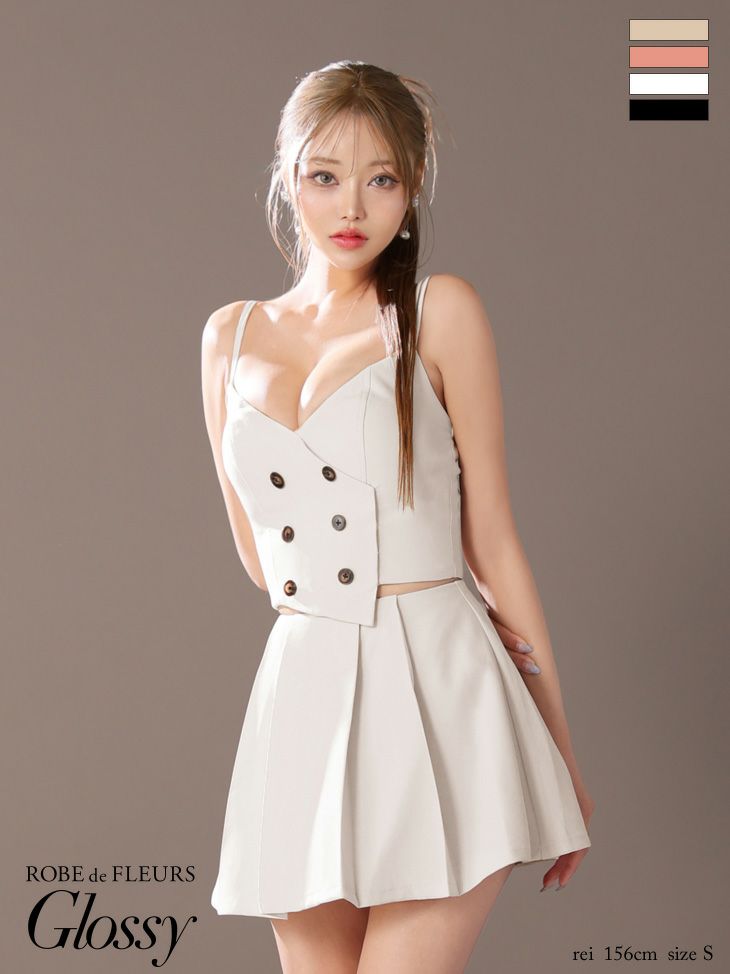 キャバドレス ミニドレス ROBEdeFLEURSGlossy ローブドフルールグロッシー高級キャミソールセットアップチョーカー付きボタンラメツイルフレアミニドレス