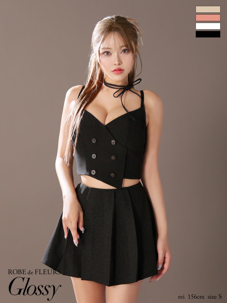 キャバドレス ミニドレス ROBEdeFLEURSGlossy ローブドフルールグロッシー　高級キャミソールセットアップチョーカー付きボタンラメツイルフレアミニドレス
