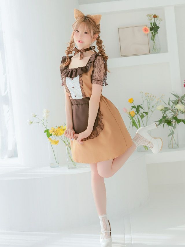[コスプレ] 3点set メイドデザインキャラメルキティフレアスカートガーリー猫アニマルコスプレ [カチューシャ+チョーカー+ワンピース]