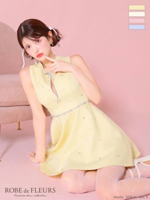 予約商品【6月上旬入荷予定】[ROBEdeFLEURS/ローブドフルール] 高級 ノースリーブ バストカット ジップ キラキラビジュー付き ツイード 谷間魅せ フレアミニドレス