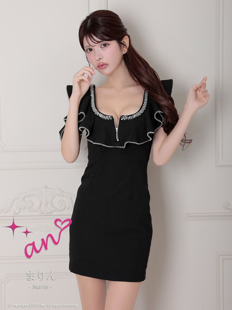 キャバドレス an アン 高級半袖ジップデザインビジューフリル肩開きタイトミニドレス