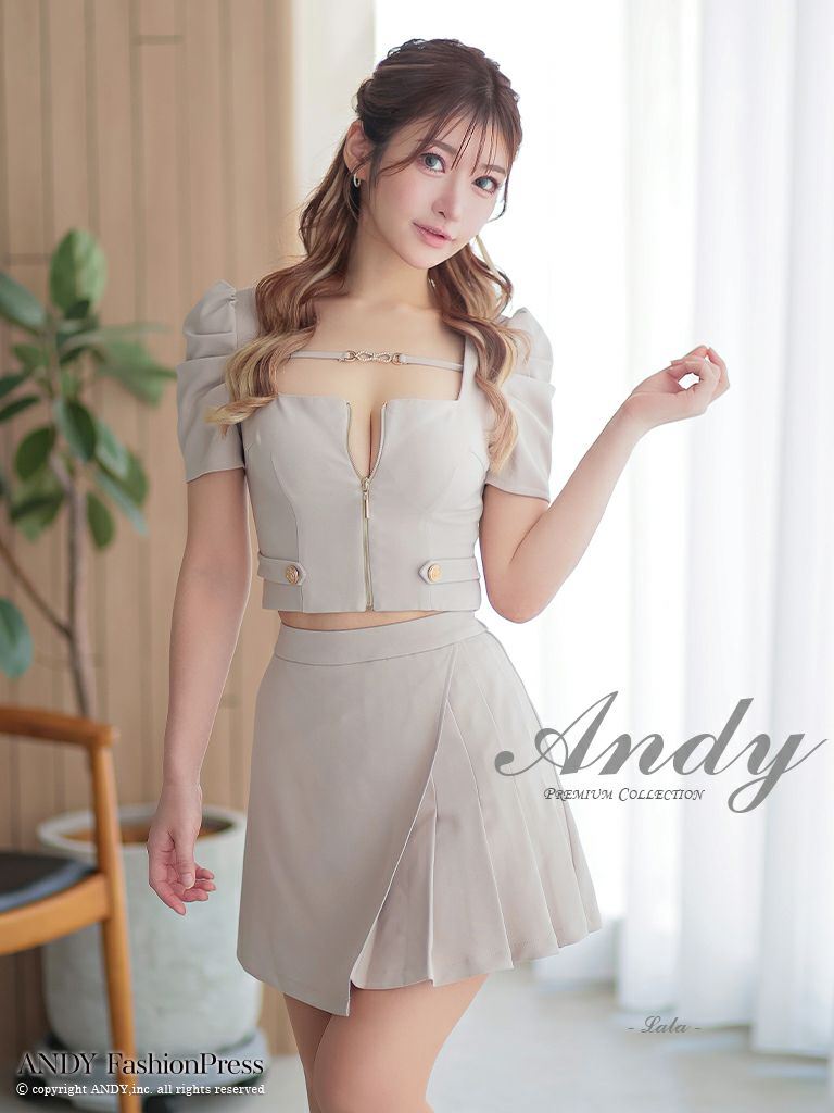 キャバドレス Andy アンディ 半袖パフスリーブセットアップウエストカットワンカラープリーツジップデザインジップフレアミニドレス